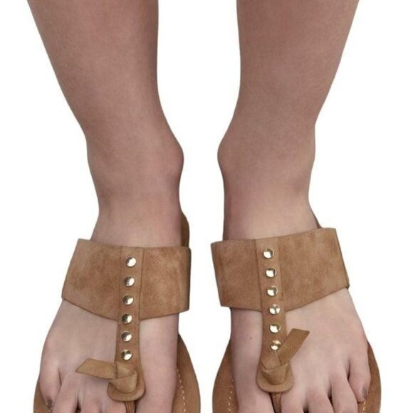 ZARA FLAT SPLIT SUEDE SLIDER SANDALS WITH STUDS Beige SIZE 10 | 1631/110/102 - Picture 4 of 9